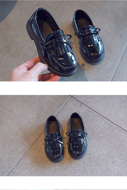 Girls Casual Leather Shoes Kids Flats Tassels with Bow-knot British Style Soft Slip-on Loafers for Wedding Party Bright Skin New