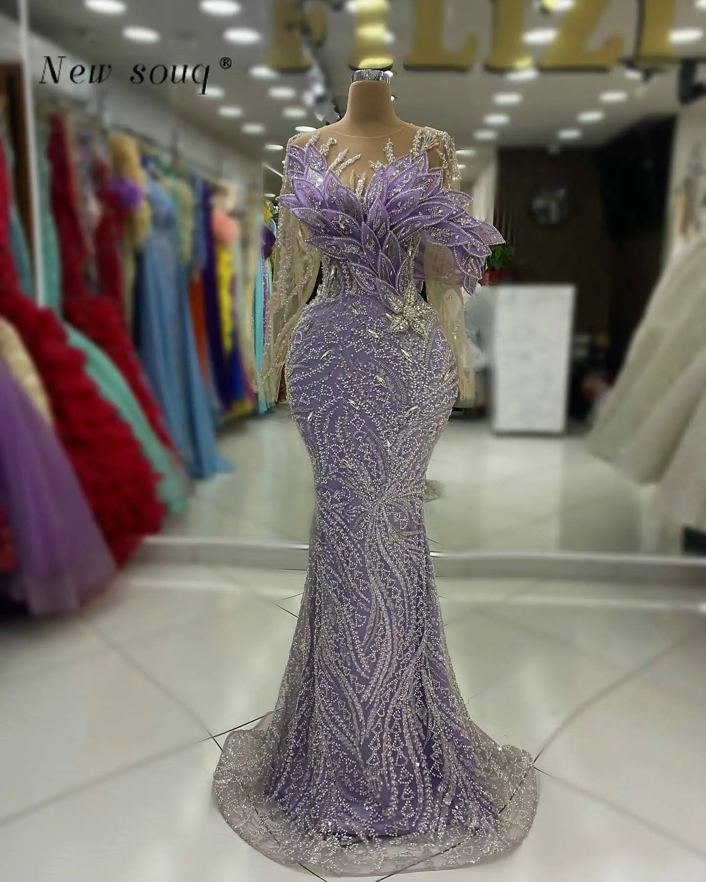 Lilac Purple Mermaid Evening Dress Crystal Beaded Long Sleeve