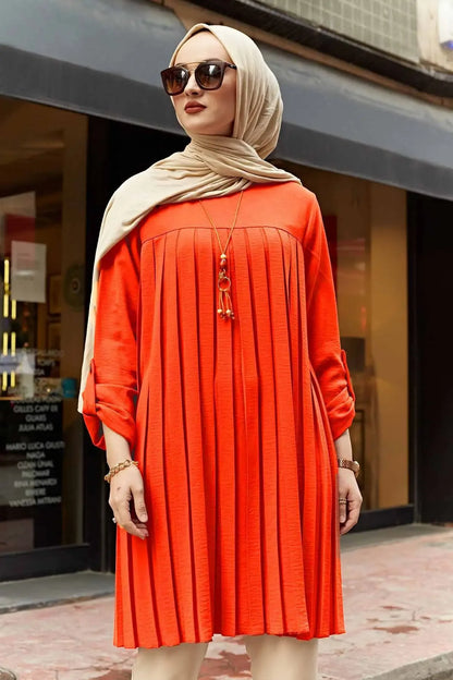 Crisluv™ Modest Pleated Long Shirt – Adjustable Sleeve Islamic O-Neck Top