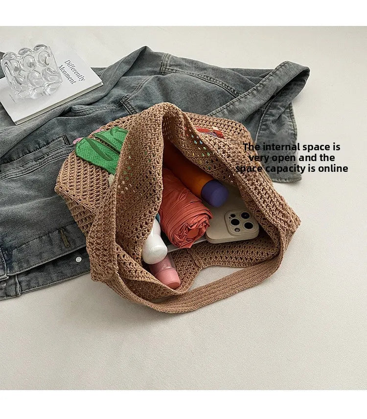 Hollow Mesh Knitted Shoulder Bag Beach Vacation Slouchy Chic Cartoon Tote Bag Lightweight Laid-Back Casual Woven Women Handbag