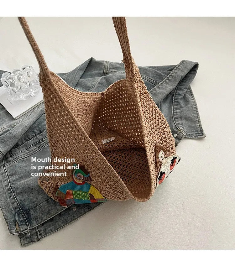 Hollow Mesh Knitted Shoulder Bag Beach Vacation Slouchy Chic Cartoon Tote Bag Lightweight Laid-Back Casual Woven Women Handbag