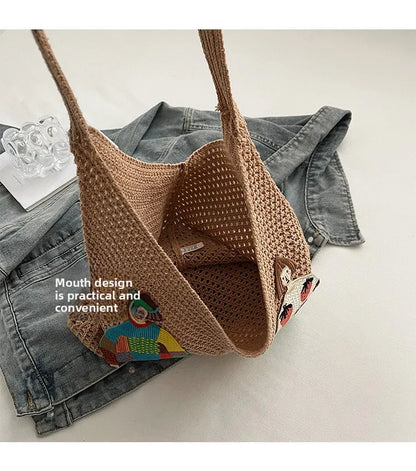 Hollow Mesh Knitted Shoulder Bag Beach Vacation Slouchy Chic Cartoon Tote Bag Lightweight Laid-Back Casual Woven Women Handbag