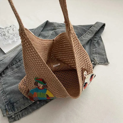 Hollow Mesh Knitted Shoulder Bag Beach Vacation Slouchy Chic Cartoon Tote Bag Lightweight Laid-Back Casual Woven Women Handbag
