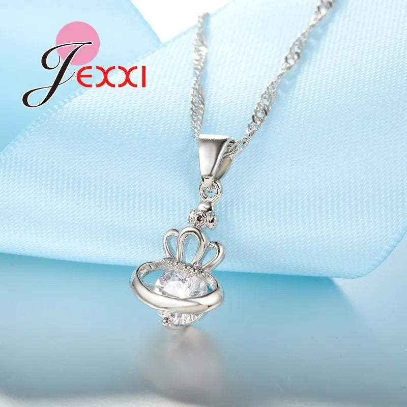 New Arrival 925 Sterling Silver Bridal Jewelry Set Crystal Drop Crown Universe Round Pendant Necklace Earrings Sets