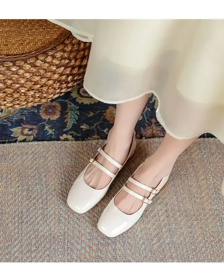 French Patent Leather Mary Jane Shoes – Retro Wine Red Slip-On with Buckle Low Heel