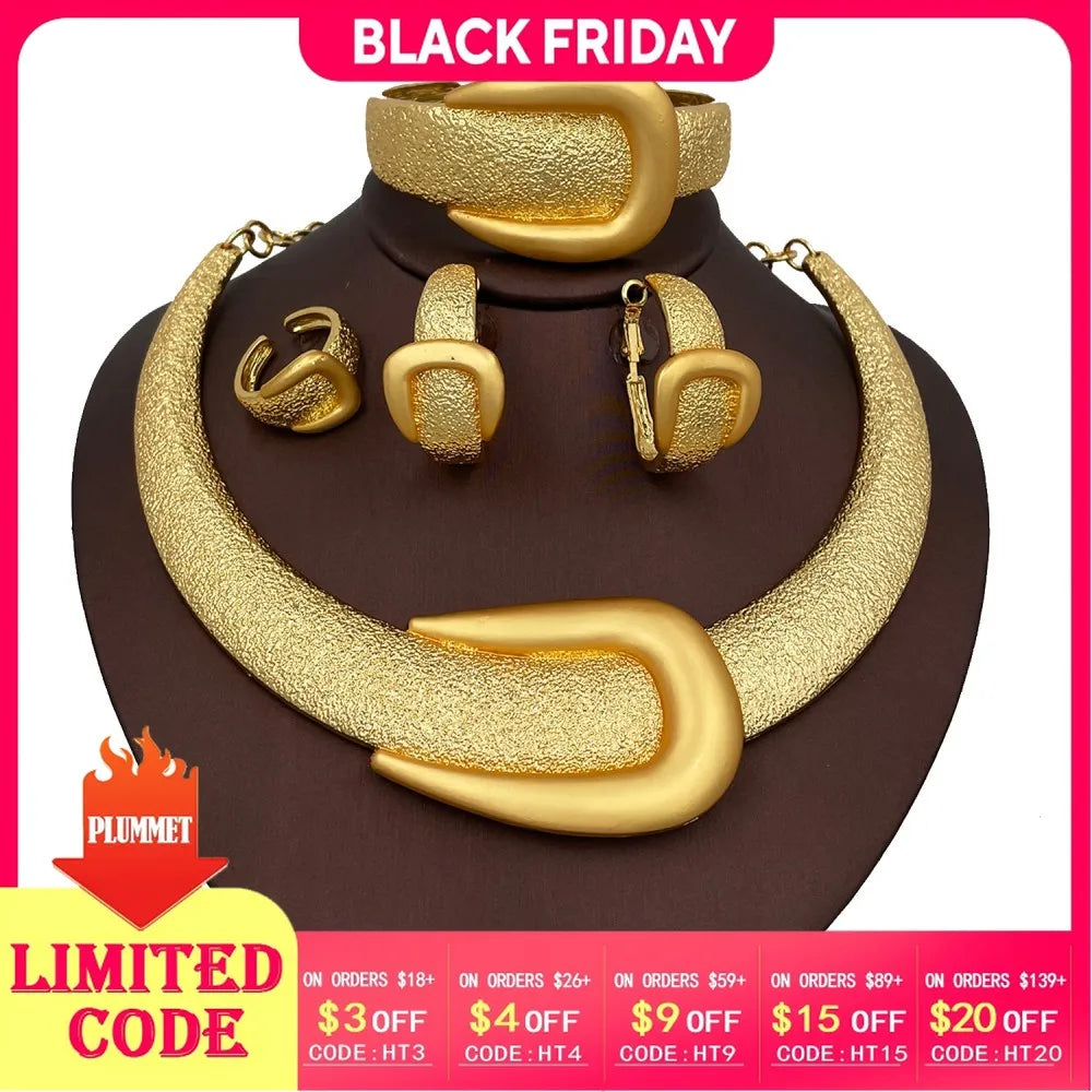 2025 New Exaggerate Jewelry Set Dubai Gold Color Large Necklace Bangle Africal Big Earring Ring Wide Bracelet Bridal Jewellery