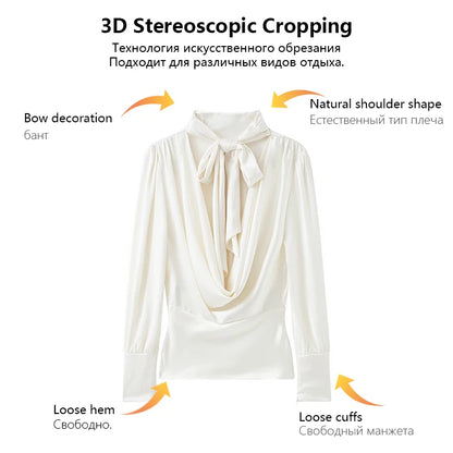 Womens Satin Textured Backless Blouse With Bow Detail Long Sleeves Elegant And Silky Women S Shirt Top For Everyday Casual Wear