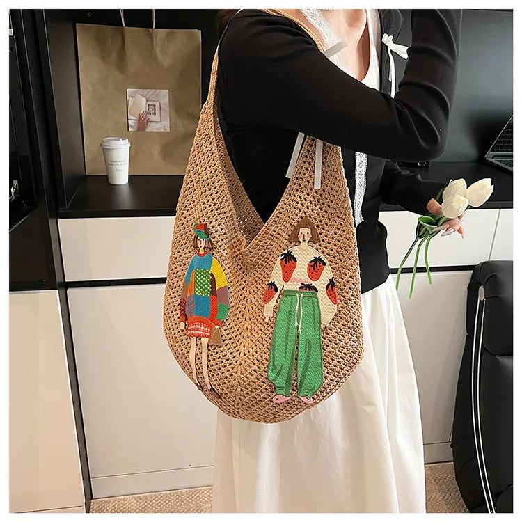 Hollow Mesh Knitted Shoulder Bag Beach Vacation Slouchy Chic Cartoon Tote Bag Lightweight Laid-Back Casual Woven Women Handbag