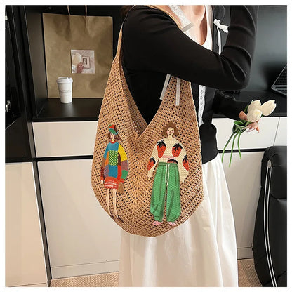 Hollow Mesh Knitted Shoulder Bag Beach Vacation Slouchy Chic Cartoon Tote Bag Lightweight Laid-Back Casual Woven Women Handbag