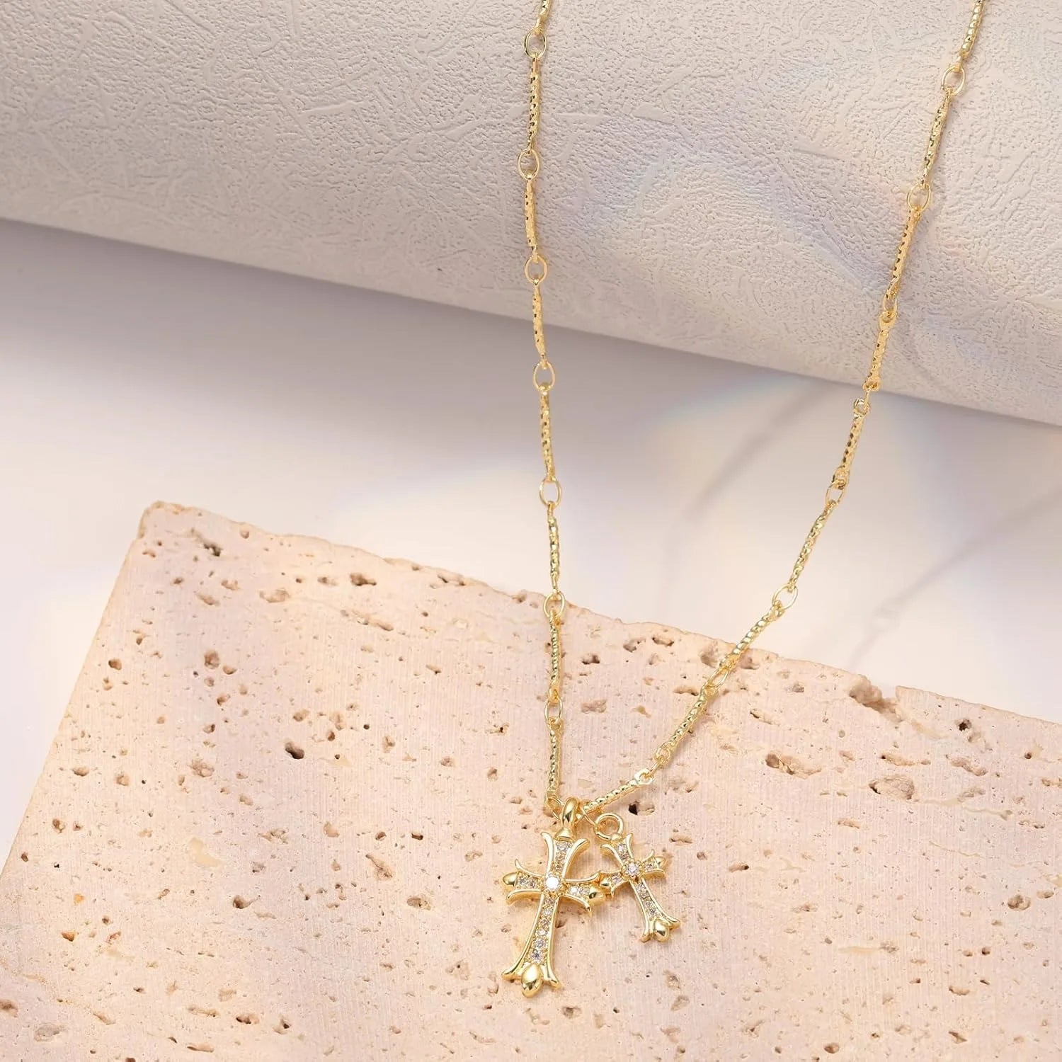 Cross Necklace K Gold/Silver Plated Double Cross Pendant Necklace Diamond Cross Link Chain Jewelry Religious Gifts for Women