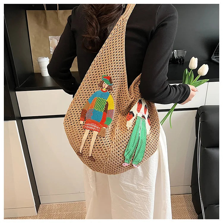 Hollow Mesh Knitted Shoulder Bag Beach Vacation Slouchy Chic Cartoon Tote Bag Lightweight Laid-Back Casual Woven Women Handbag