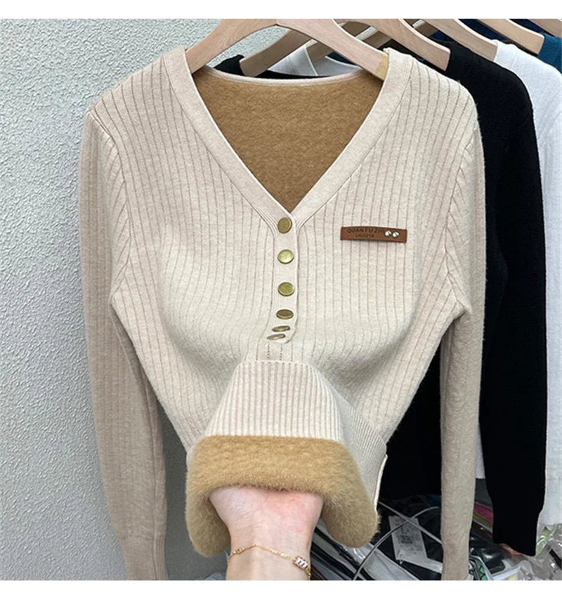 Thicken Women’s Velvet Lined V-Neck Knit Jumper