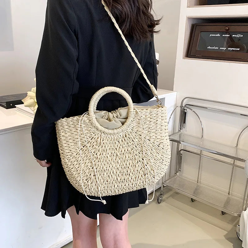 Straw Woven Handbags For Women Handmade Travel Seaside Beach Bag Summer New Handle Bucket Bag Shopping Tote Bag Basket Bolsa