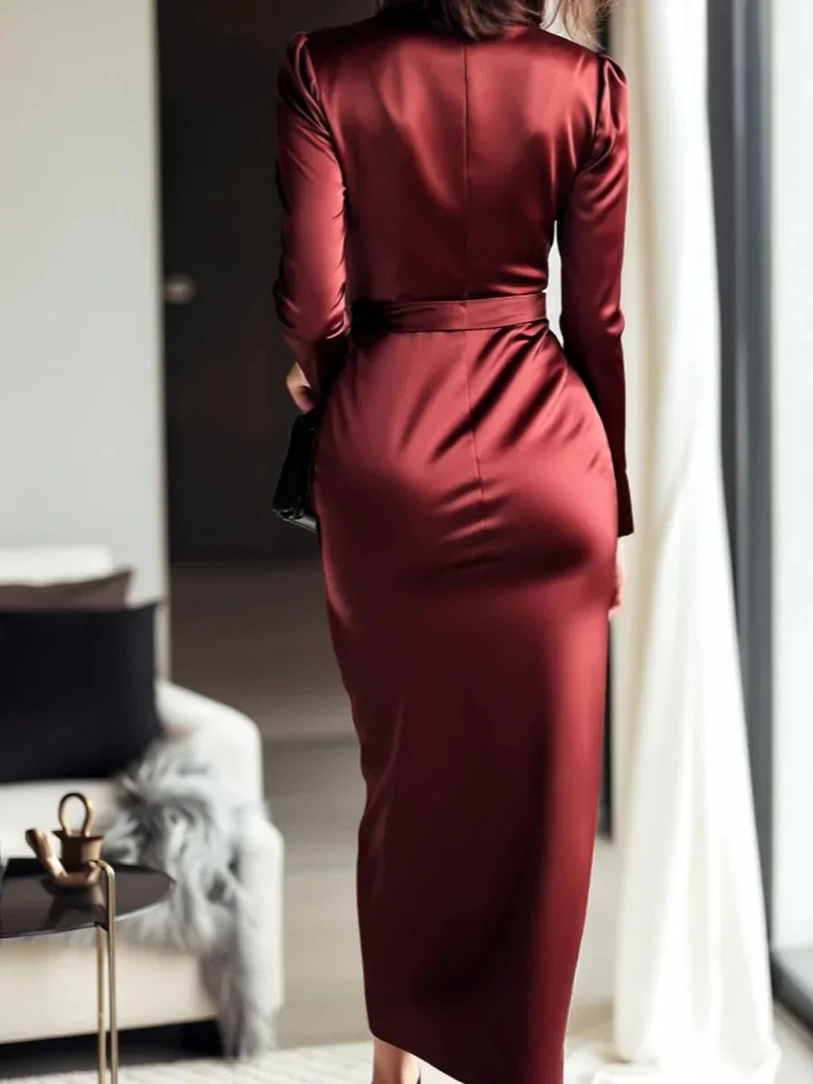 Crisluvᵀᴹ Elegant Satin V-Neck Long Sleeve Maxi Dress with Waist Belt