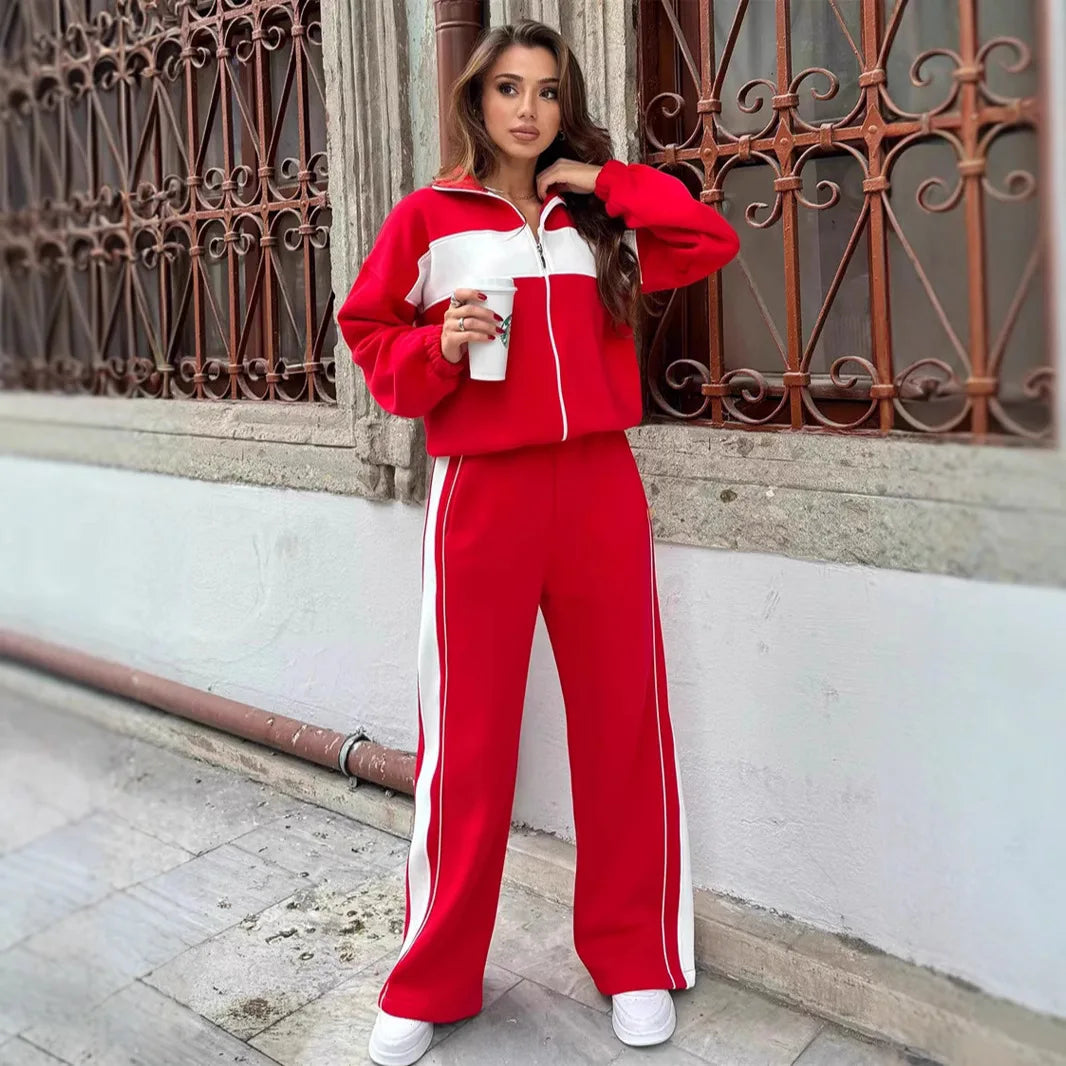 Casual High Neck Zipper Top And Straight Leg Pants Two Piece Set for women Comfortable Leisure