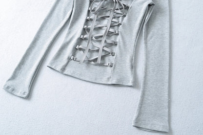 Crisluvᵀᴹ Women’s Y2K Lace-Up V-Neck Cropped Long Sleeve Top