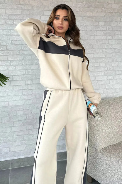 Casual High Neck Zipper Top And Straight Leg Pants Two Piece Set for women Comfortable Leisure