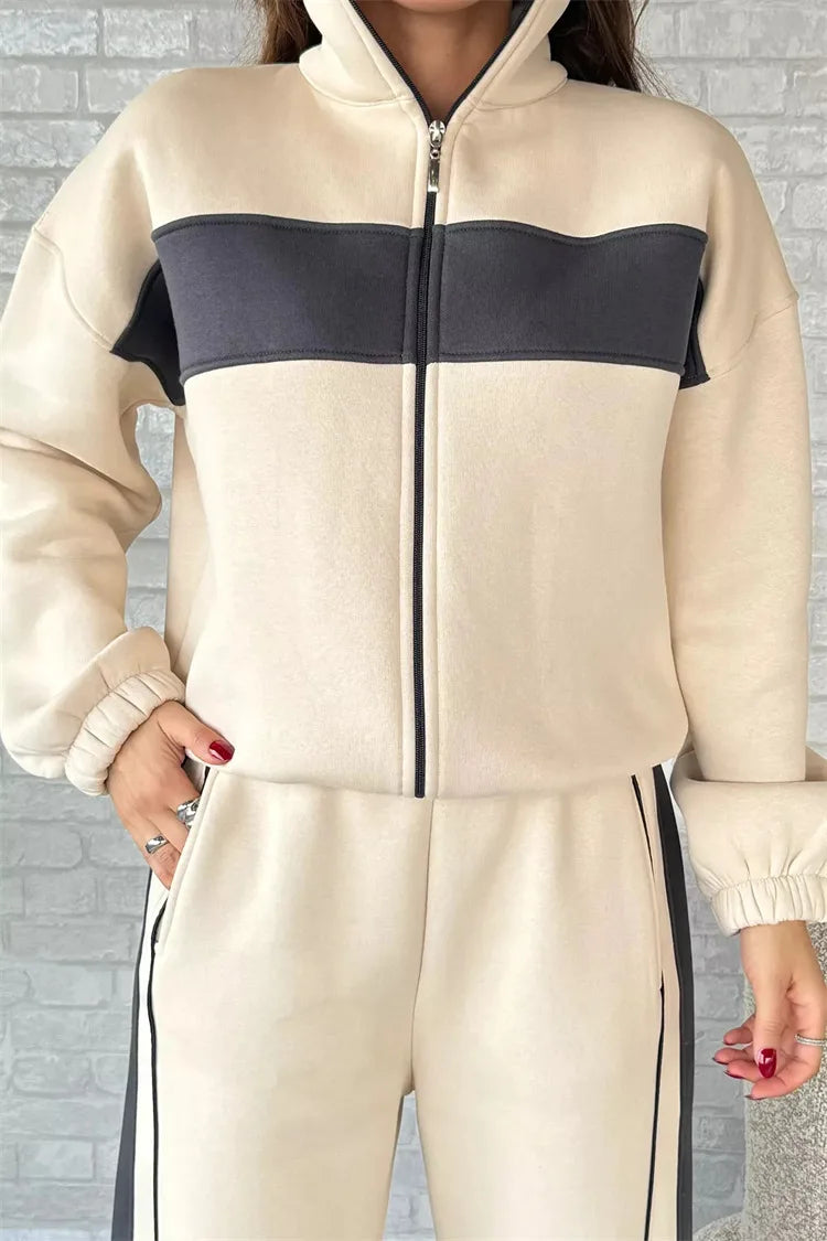 Casual High Neck Zipper Top And Straight Leg Pants Two Piece Set for women Comfortable Leisure