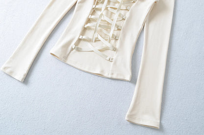 Crisluvᵀᴹ Women’s Y2K Lace-Up V-Neck Cropped Long Sleeve Top