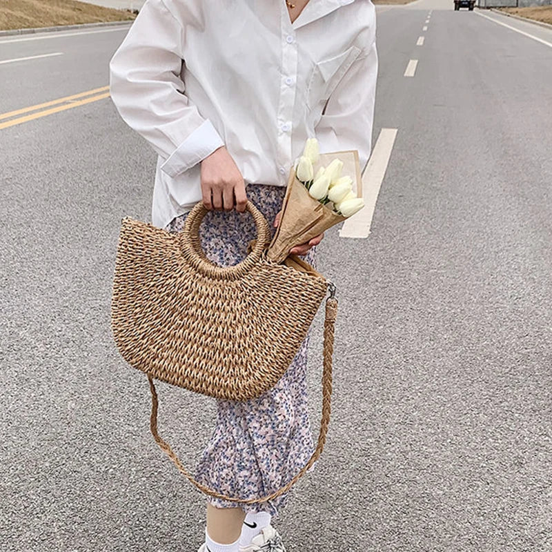 Straw Woven Handbags For Women Handmade Travel Seaside Beach Bag Summer New Handle Bucket Bag Shopping Tote Bag Basket Bolsa