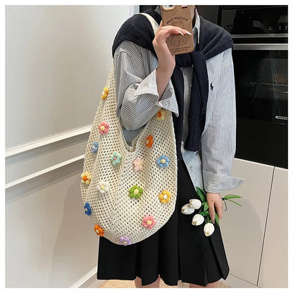 Hollow Mesh Knitted Shoulder Bag Beach Vacation Slouchy Chic Cartoon Tote Bag Lightweight Laid-Back Casual Woven Women Handbag