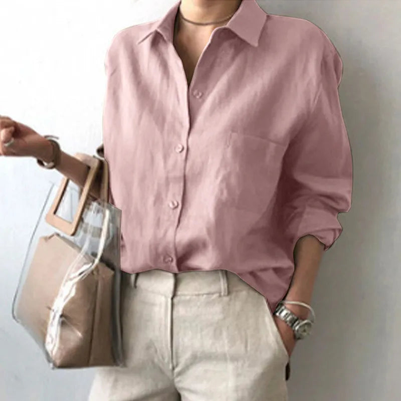 Women Blouses Turn Down Collar Vintage Button Shirts Cardigan Solid Long Sleeve Shirt Outerwear Office Lady Elegant Regular