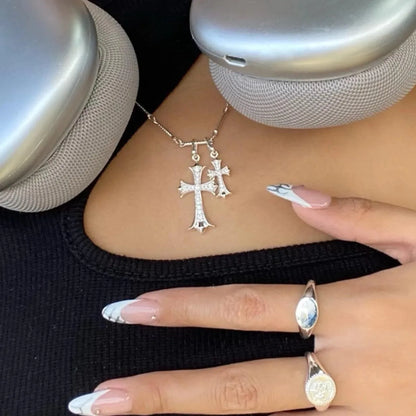 Cross Necklace K Gold/Silver Plated Double Cross Pendant Necklace Diamond Cross Link Chain Jewelry Religious Gifts for Women