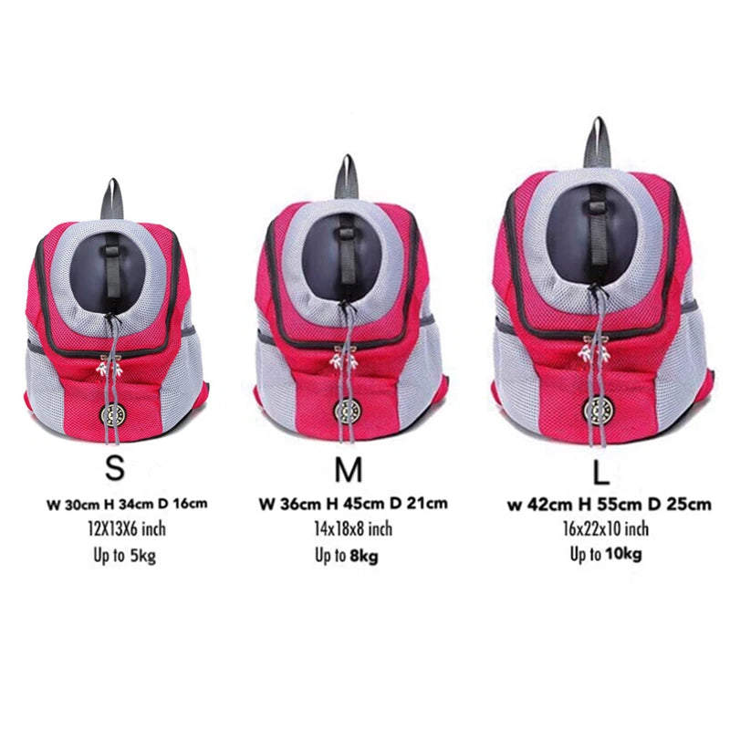 Image showing sizes of Portable Pet Backpack Carrier for Small Dogs: S, M, and L with dimensions and weight limits.
