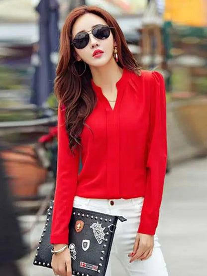 Crisluvᵀᴹ Women’s Long Sleeve V-Neck Chiffon Blouse – Elegant Autumn Office Shirt