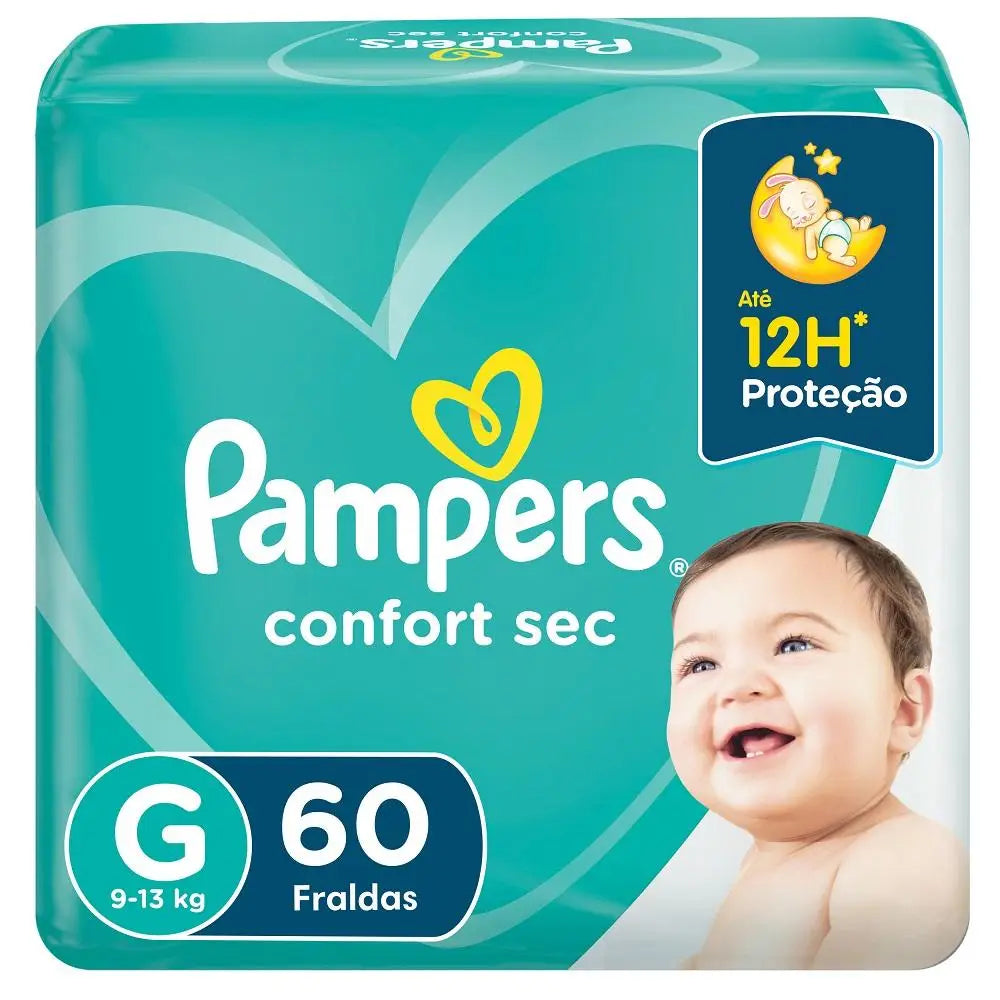 Diaper Pampers Confort Sec Super Size G 60 Units pack with baby smiling on the front.