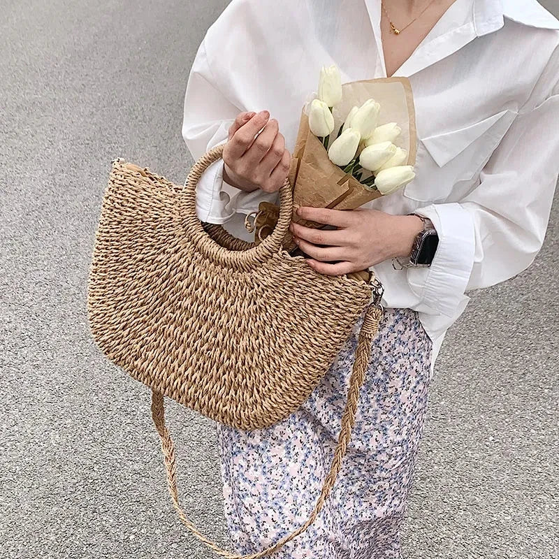 Straw Woven Handbags For Women Handmade Travel Seaside Beach Bag Summer New Handle Bucket Bag Shopping Tote Bag Basket Bolsa