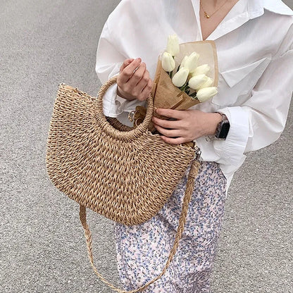 Straw Woven Handbags For Women Handmade Travel Seaside Beach Bag Summer New Handle Bucket Bag Shopping Tote Bag Basket Bolsa