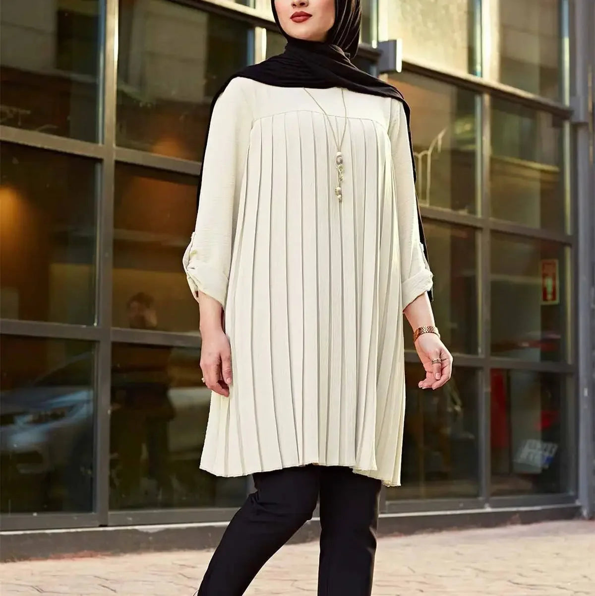 Crisluv™ Modest Pleated Long Shirt – Adjustable Sleeve Islamic O-Neck Top