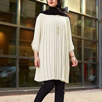 Crisluv™ Modest Pleated Long Shirt – Adjustable Sleeve Islamic O-Neck Top