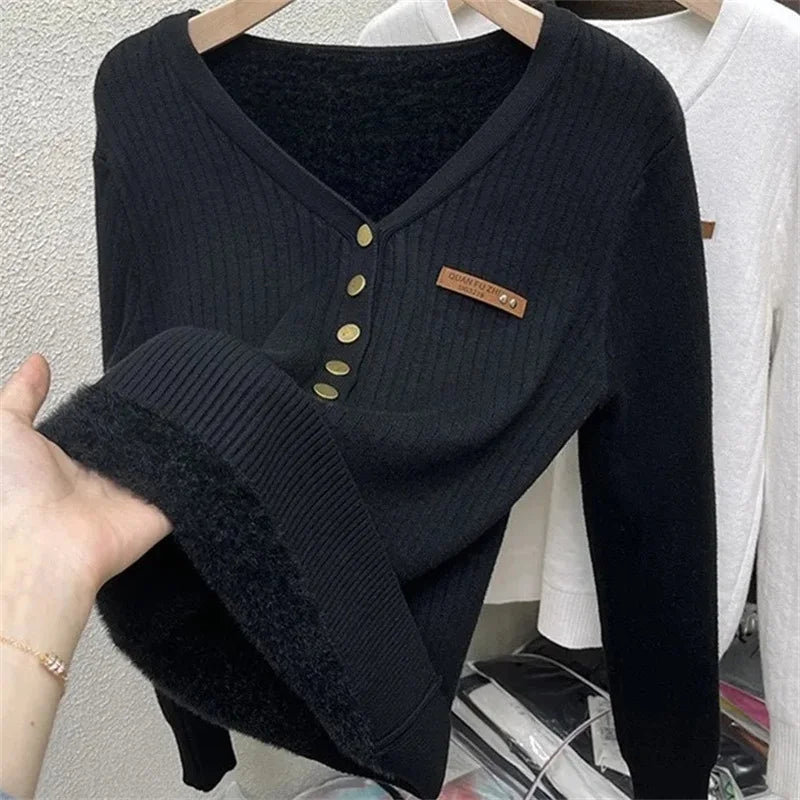 Thicken Women’s Velvet Lined V-Neck Knit Jumper