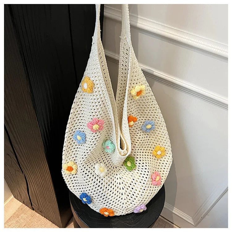 Hollow Mesh Knitted Shoulder Bag Beach Vacation Slouchy Chic Cartoon Tote Bag Lightweight Laid-Back Casual Woven Women Handbag