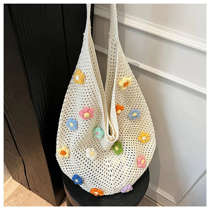 Hollow Mesh Knitted Shoulder Bag Beach Vacation Slouchy Chic Cartoon Tote Bag Lightweight Laid-Back Casual Woven Women Handbag