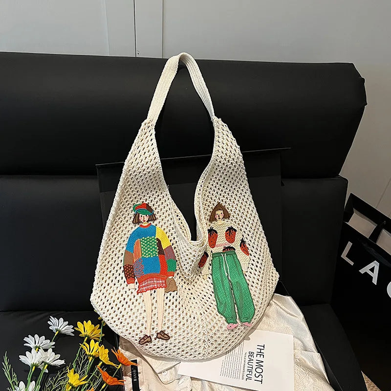 Hollow Mesh Knitted Shoulder Bag Beach Vacation Slouchy Chic Cartoon Tote Bag Lightweight Laid-Back Casual Woven Women Handbag
