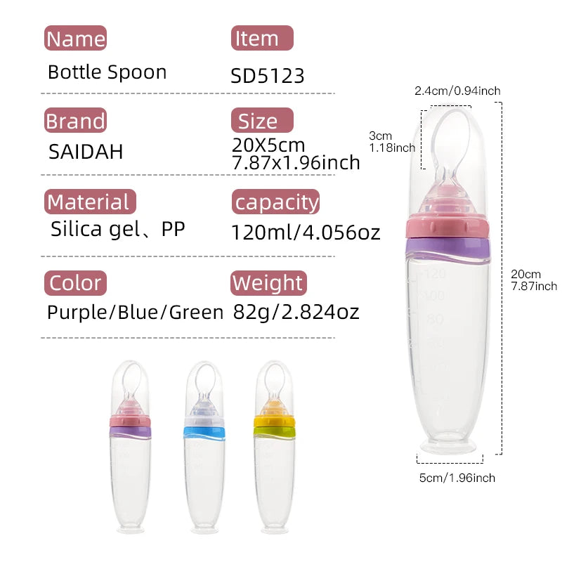 120 ml/4oz Infant Baby Liquid Silicone Food Squeeze Feeder | Fruit Puree &amp; Rice Paste Dispenser | Detachable Spoon