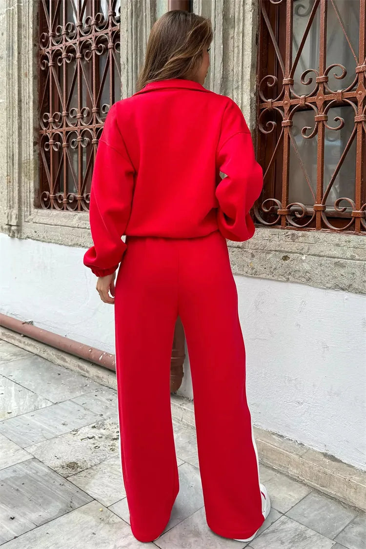 Casual High Neck Zipper Top And Straight Leg Pants Two Piece Set for women Comfortable Leisure