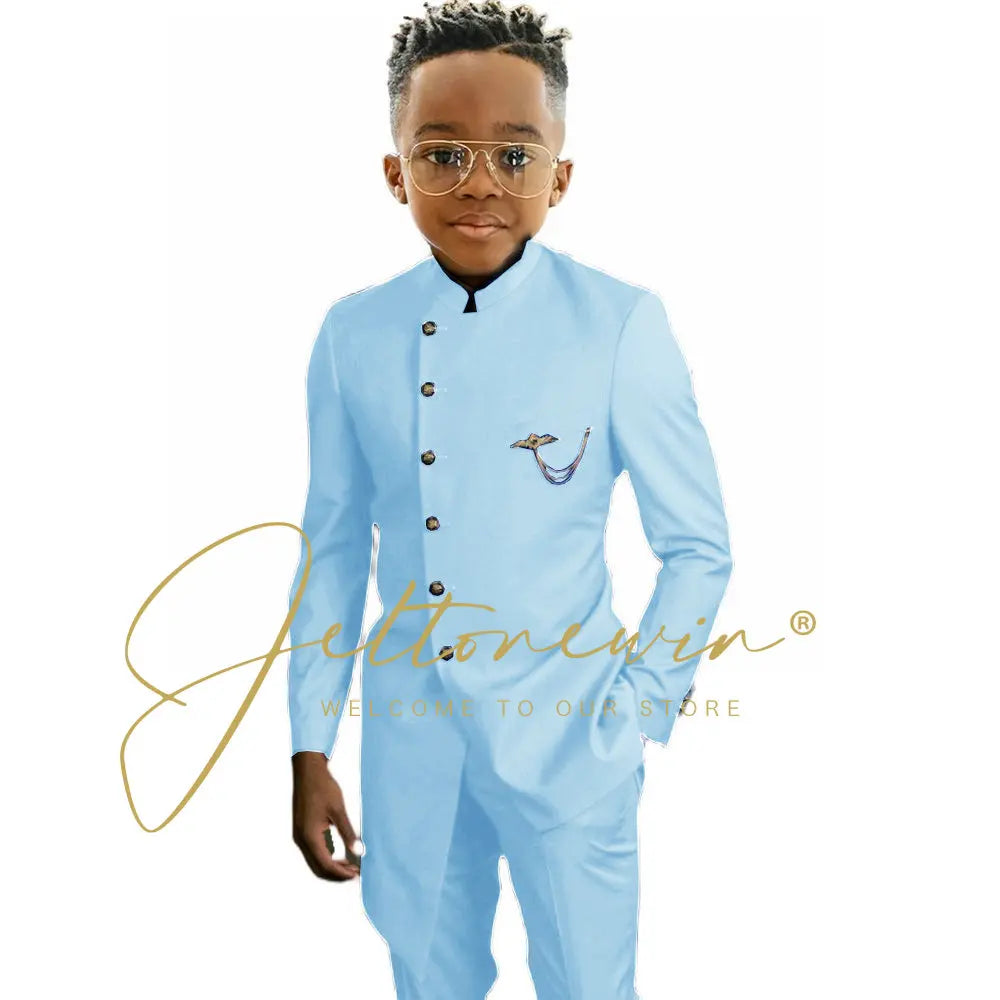Royal Blue African Design Boys Suits Set For Wedding Formal Tuxedo Kids Costume Piano Performance Children Tailor Made