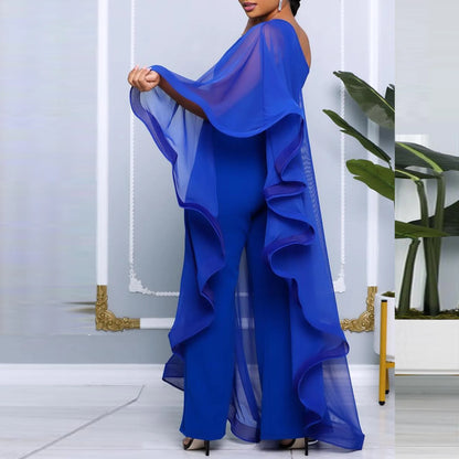 Crisluvᵀᴹ One-Shoulder Ruffle Sleeve Women’s Jumpsuit Elegant Slim Fit Aysmmetric Fashion Autumn