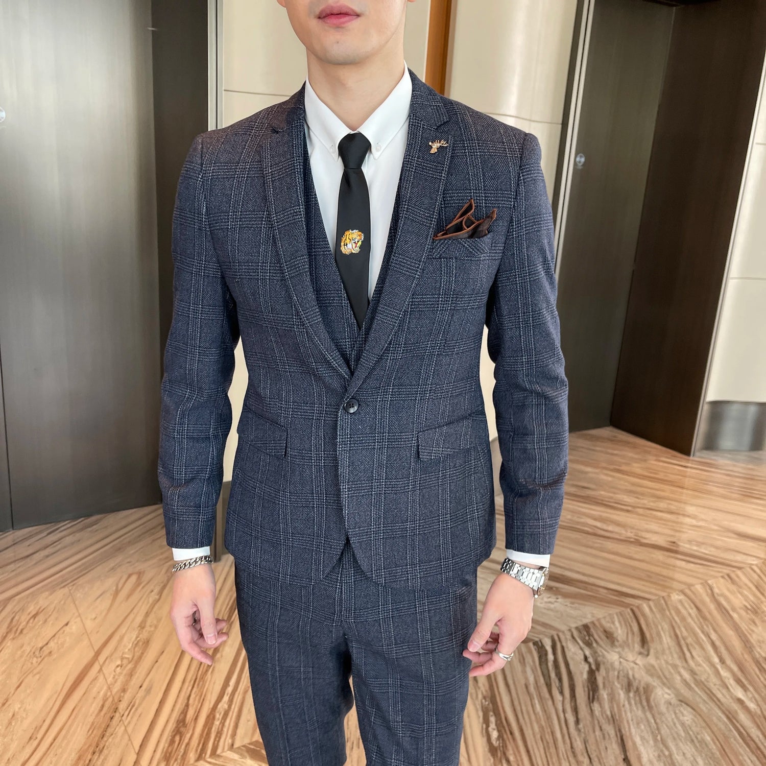 British Men’s Plaid Three-Piece Suit – Korean British Style Business Casual Blazer, Vest &amp; Trousers