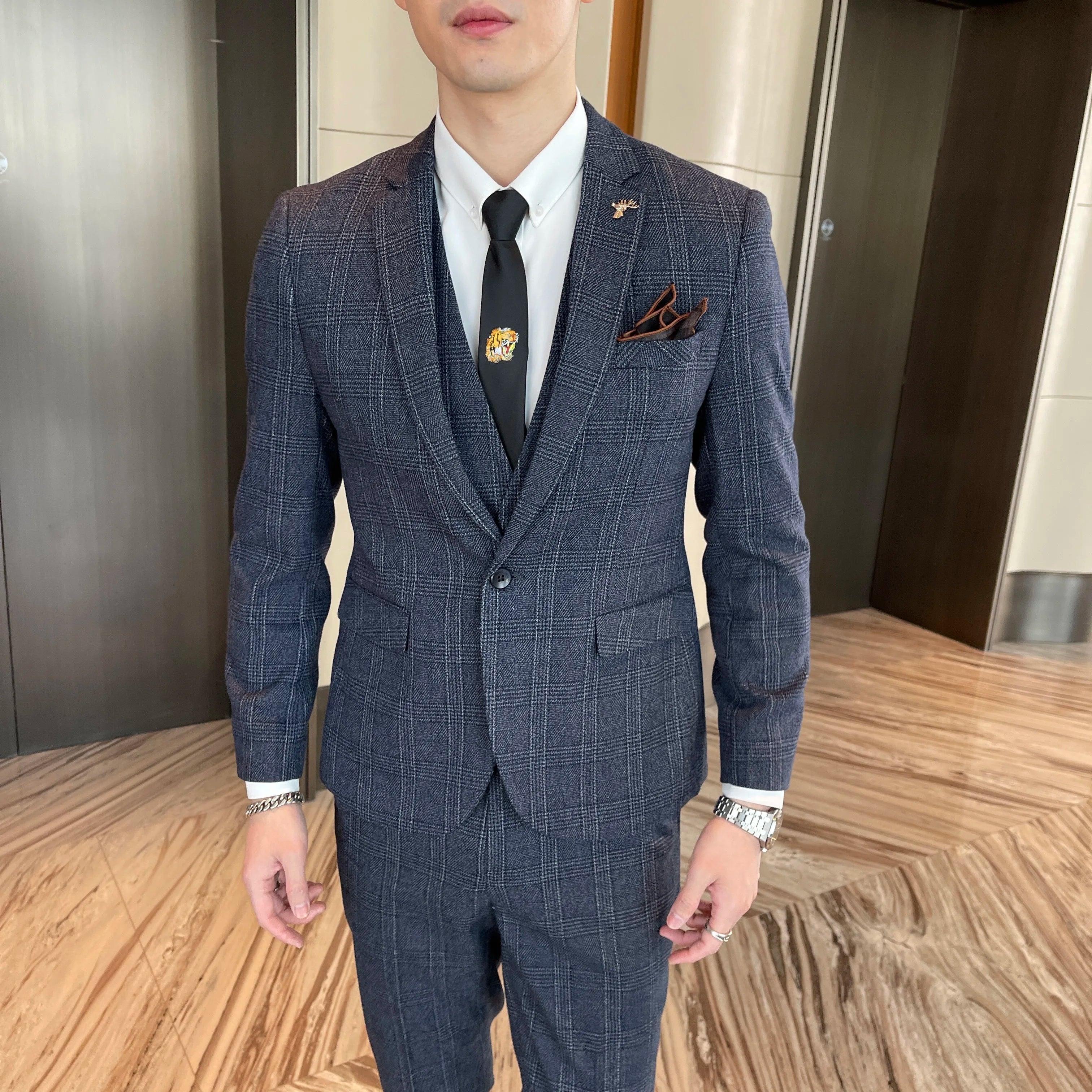 British Men’s Plaid Three-Piece Suit – Korean British Style Business Casual Blazer, Vest &amp; Trousers