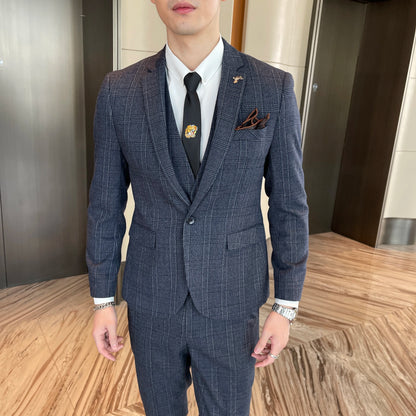 British Men’s Plaid Three-Piece Suit – Korean British Style Business Casual Blazer, Vest &amp; Trousers