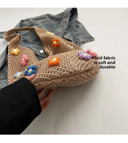 Hollow Mesh Knitted Shoulder Bag Beach Vacation Slouchy Chic Cartoon Tote Bag Lightweight Laid-Back Casual Woven Women Handbag