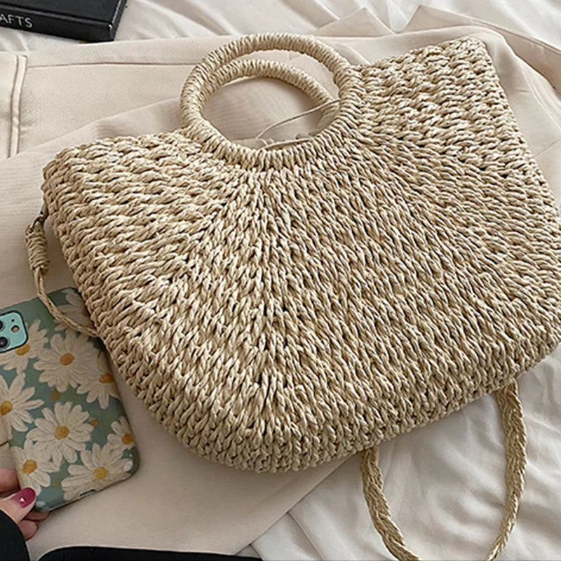 Straw Woven Handbags For Women Handmade Travel Seaside Beach Bag Summer New Handle Bucket Bag Shopping Tote Bag Basket Bolsa