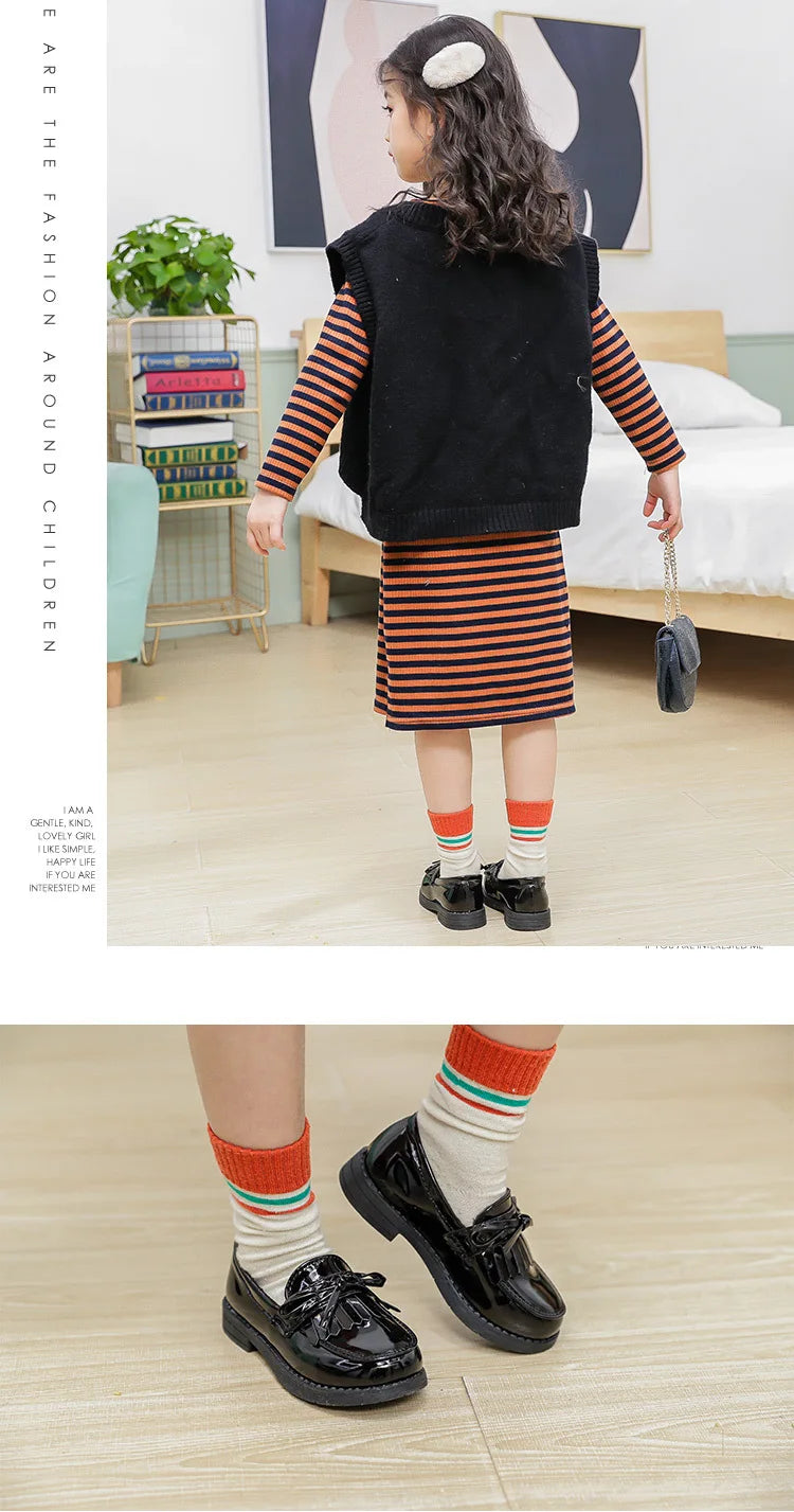 Girls Casual Leather Shoes Kids Flats Tassels with Bow-knot British Style Soft Slip-on Loafers for Wedding Party Bright Skin New