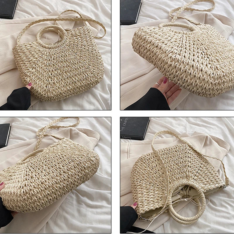 Straw Woven Handbags For Women Handmade Travel Seaside Beach Bag Summer New Handle Bucket Bag Shopping Tote Bag Basket Bolsa
