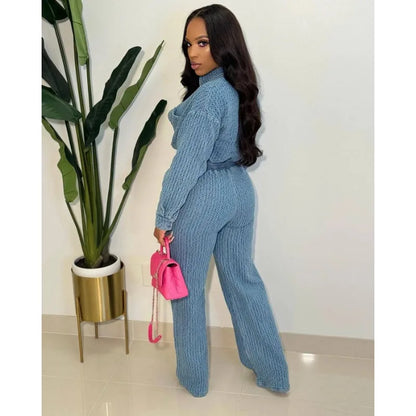 Women Denim Pant Sets Two Piece Pants Sets Sexy Turn Down Collar Full Sleeve Coats Tops Jackets Long Pants High Elastic Waist